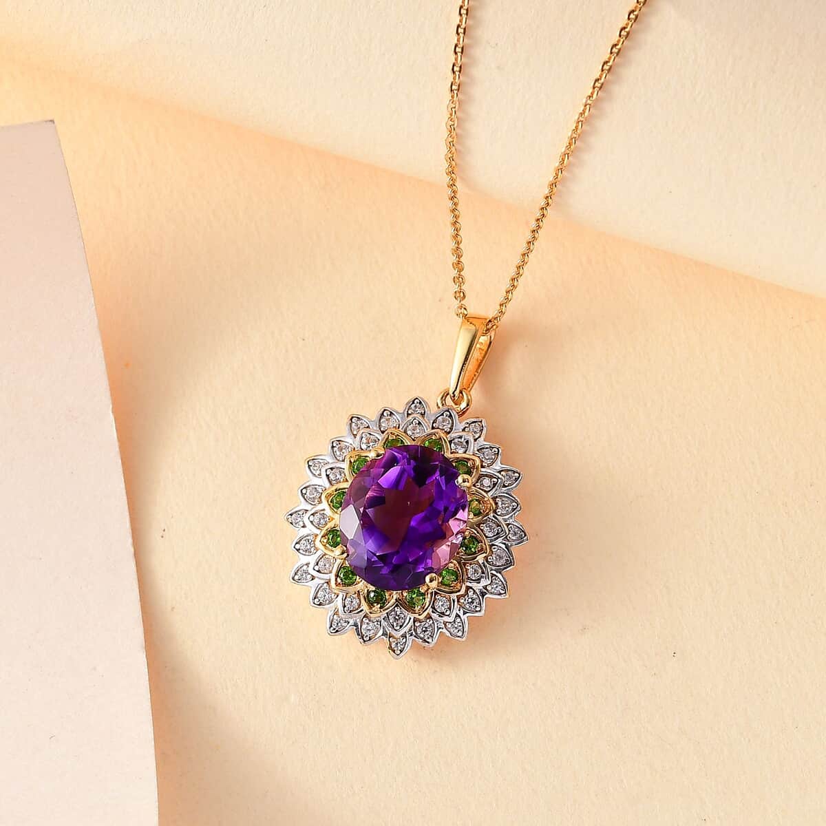 Moroccan Amethyst and Multi Gemstone 5.15 ctw Sunflower Pendant Necklace in 18K Vermeil Yellow Gold Over Sterling Silver 20 Inches image number 1