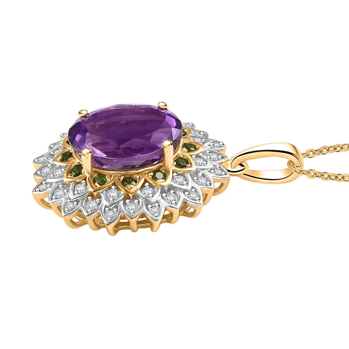 Moroccan Amethyst and Multi Gemstone 5.15 ctw Sunflower Pendant Necklace in 18K Vermeil Yellow Gold Over Sterling Silver 20 Inches image number 3