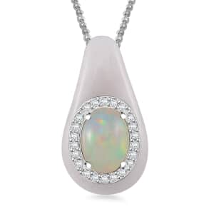 Natural Jade, Ethiopian Welo Opal and White Zircon 6.90 ctw Eternal Harmony Pendant Necklace in Platinum Over and rhodium Sterling Silver 18 Inches