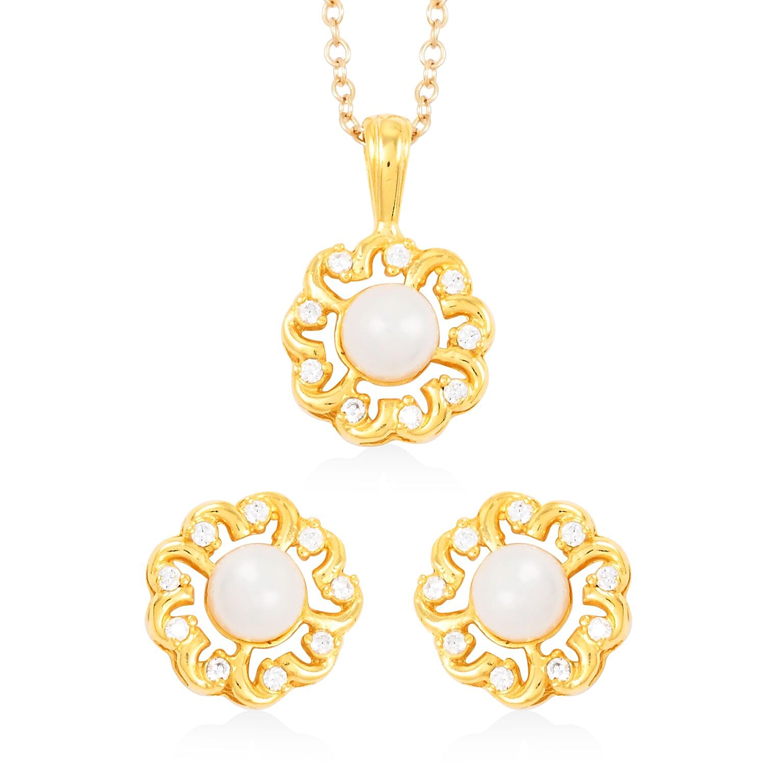 Freshwater Pearl and Simulated Diamond 5.65 ctw Earrings, Pendant Necklace in Goldtone 18 Inches
