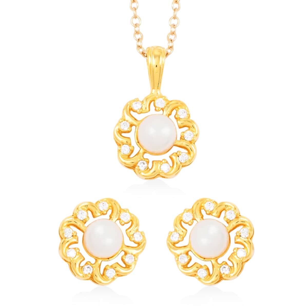 Freshwater Pearl and Simulated Diamond 5.65 ctw Earrings, Pendant Necklace in Goldtone 18 Inches image number 0