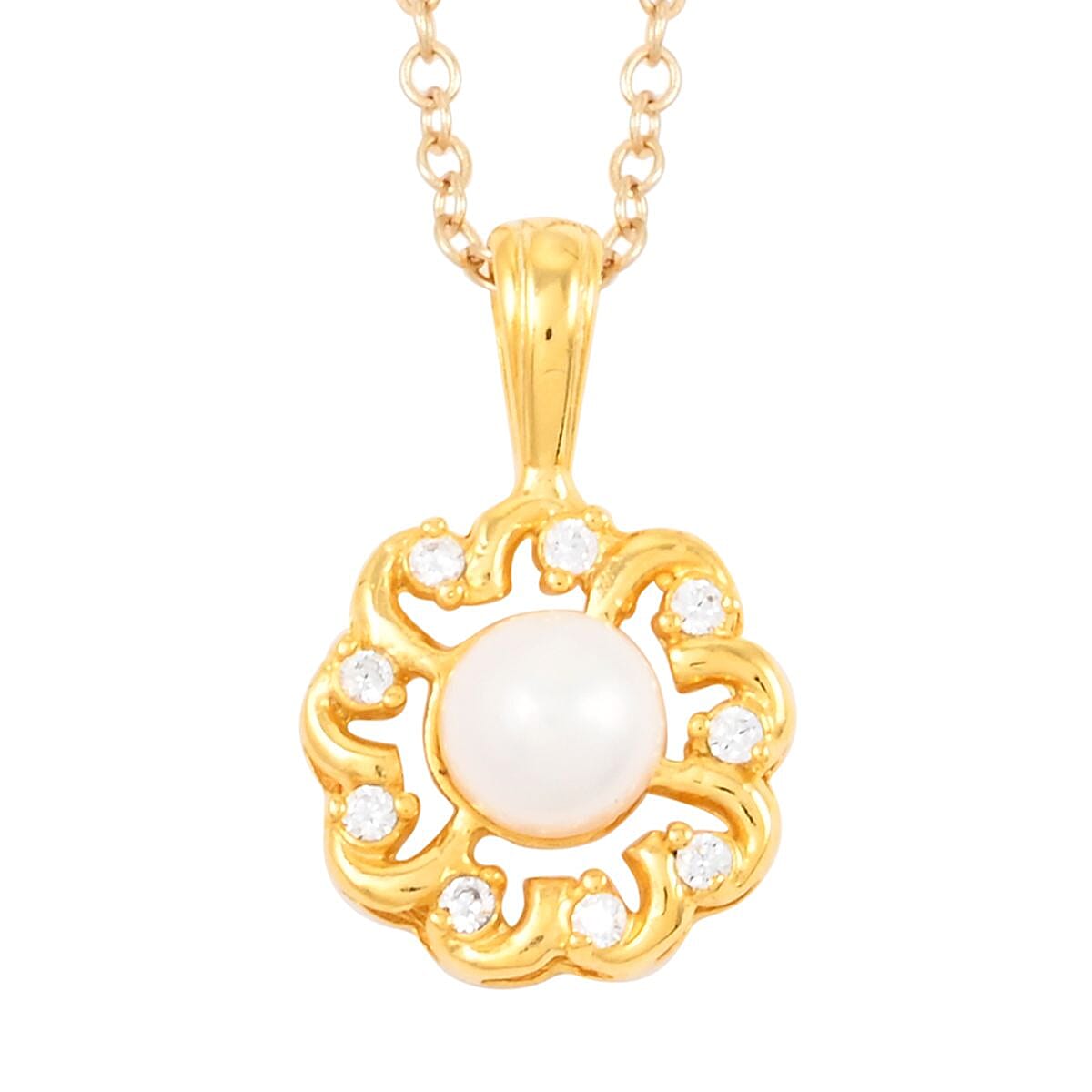 Freshwater Pearl and Simulated Diamond 5.65 ctw Earrings, Pendant Necklace in Goldtone 18 Inches