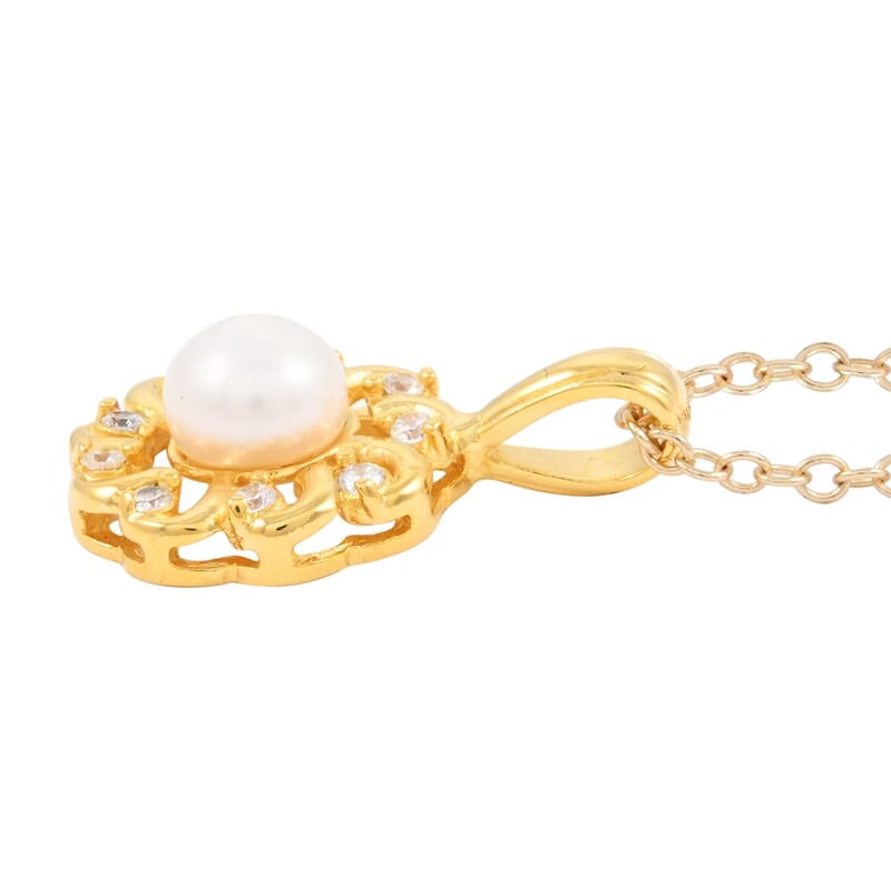 Freshwater Pearl and Simulated Diamond 5.65 ctw Earrings, Pendant Necklace in Goldtone 18 Inches