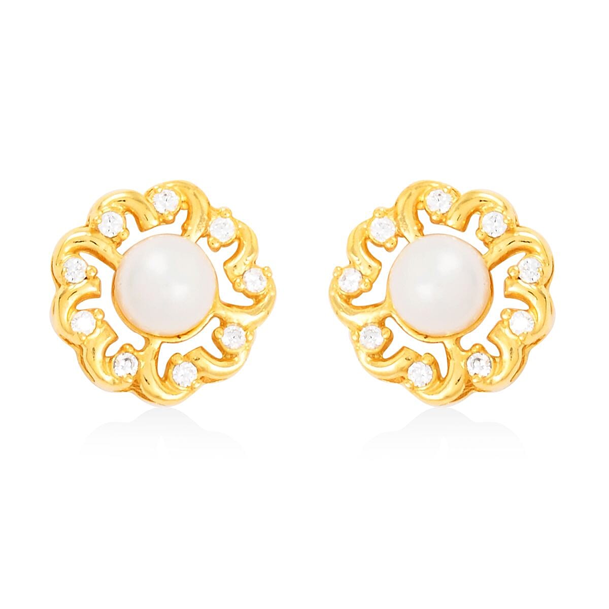 Freshwater Pearl and Simulated Diamond 5.65 ctw Earrings, Pendant Necklace in Goldtone 18 Inches