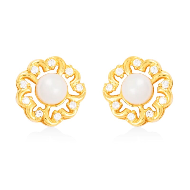 Freshwater Pearl and Simulated Diamond 5.65 ctw Earrings, Pendant Necklace in Goldtone 18 Inches