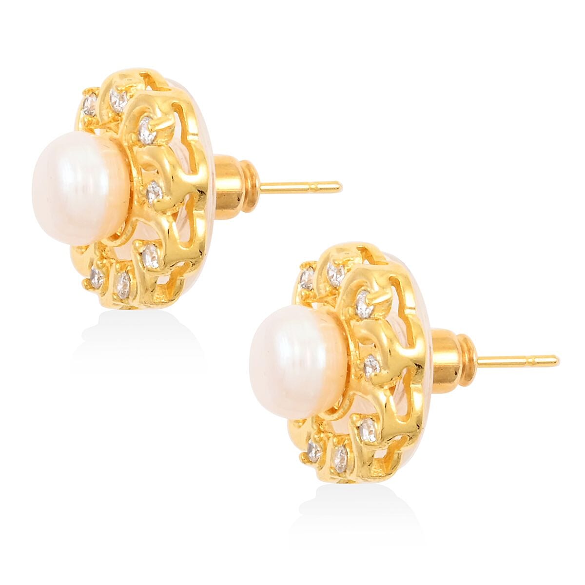 Freshwater Pearl and Simulated Diamond 5.65 ctw Earrings, Pendant Necklace in Goldtone 18 Inches