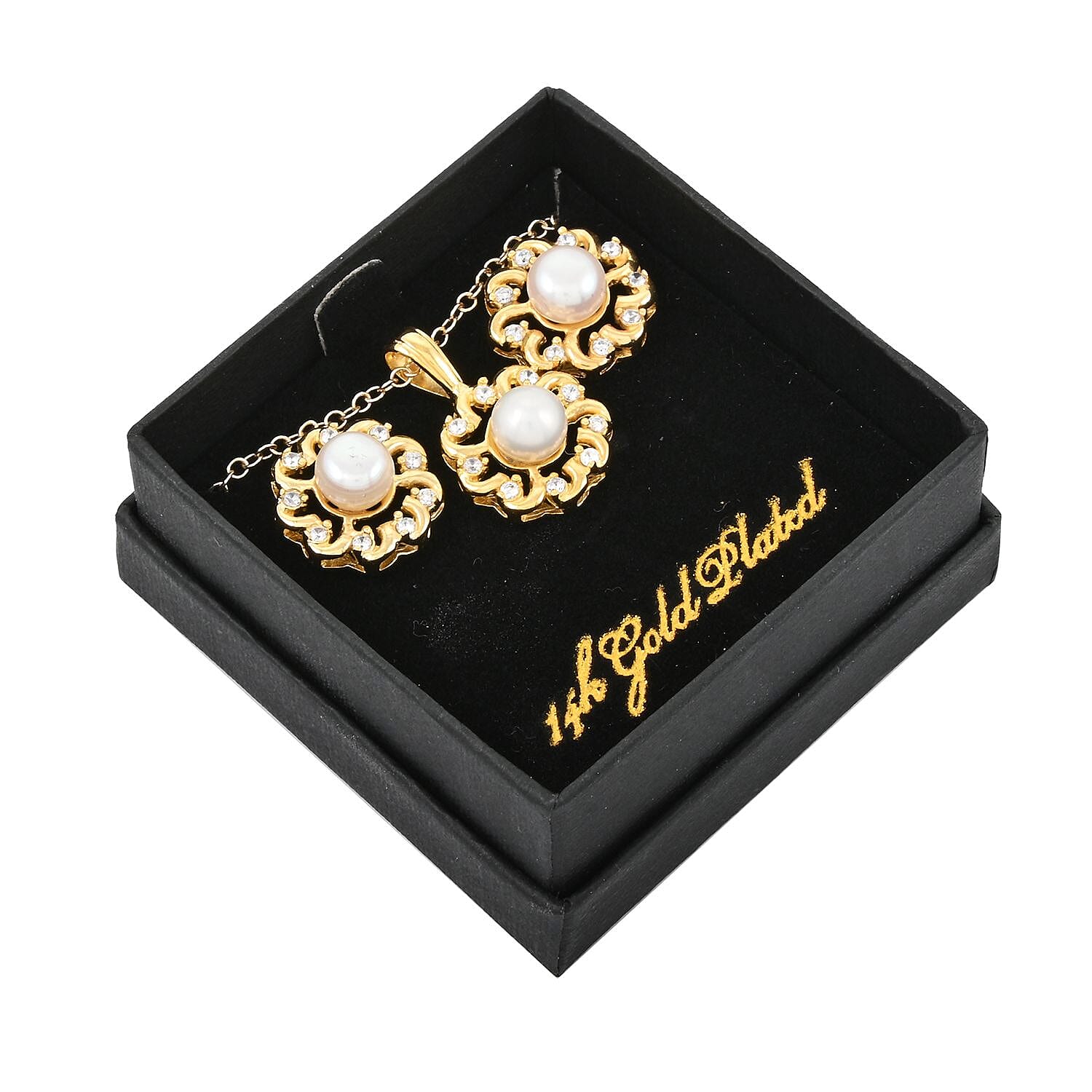 Freshwater Pearl and Simulated Diamond 5.65 ctw Earrings, Pendant Necklace in Goldtone 18 Inches