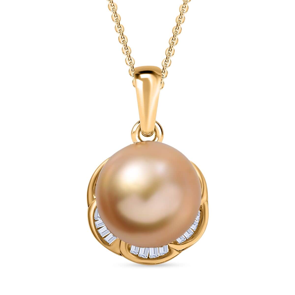 South Sea Golden Cultured Pearl and Diamond 0.20 ctw Flower Pendant Necklace in 18K Vermeil Yellow Gold Over Sterling Silver 20 Inches image number 0