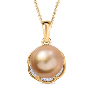 South Sea Golden Cultured Pearl and Diamond 0.20 ctw Flower Pendant Necklace in 18K Vermeil Yellow Gold Over Sterling Silver 20 Inches