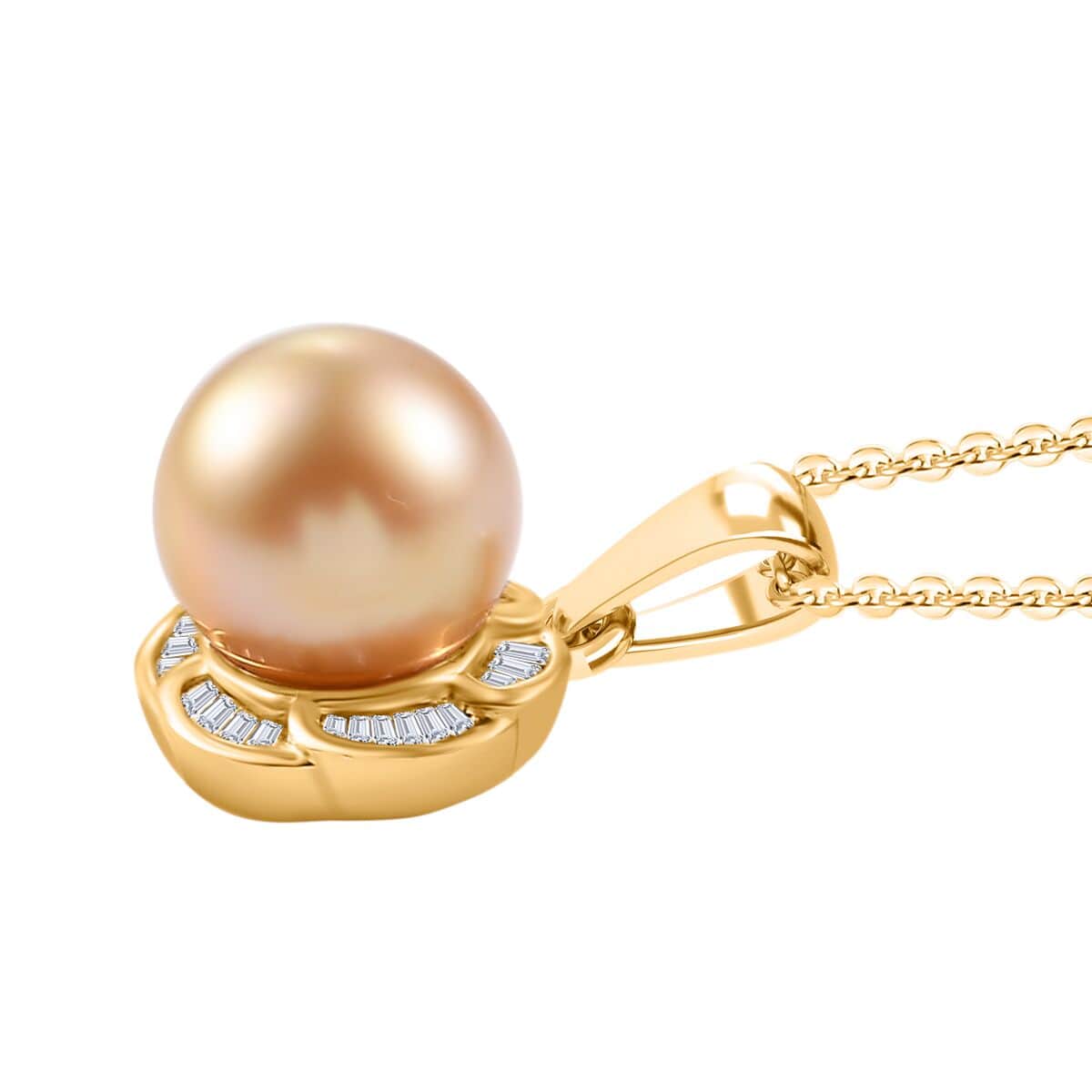 South Sea Golden Cultured Pearl and Diamond 0.20 ctw Flower Pendant Necklace in 18K Vermeil Yellow Gold Over Sterling Silver 20 Inches image number 3