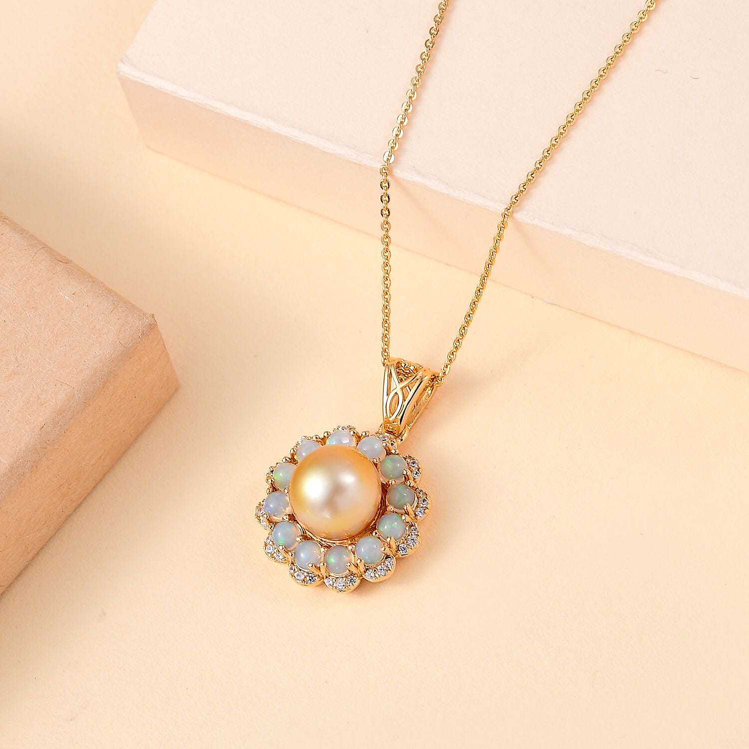 South Sea Golden Cultured Pearl and Multi Gemstone 1.35 ctw Helenium Flower Pendant Necklace in 18K Vermeil Yellow Gold Over Sterling Silver 20 Inches