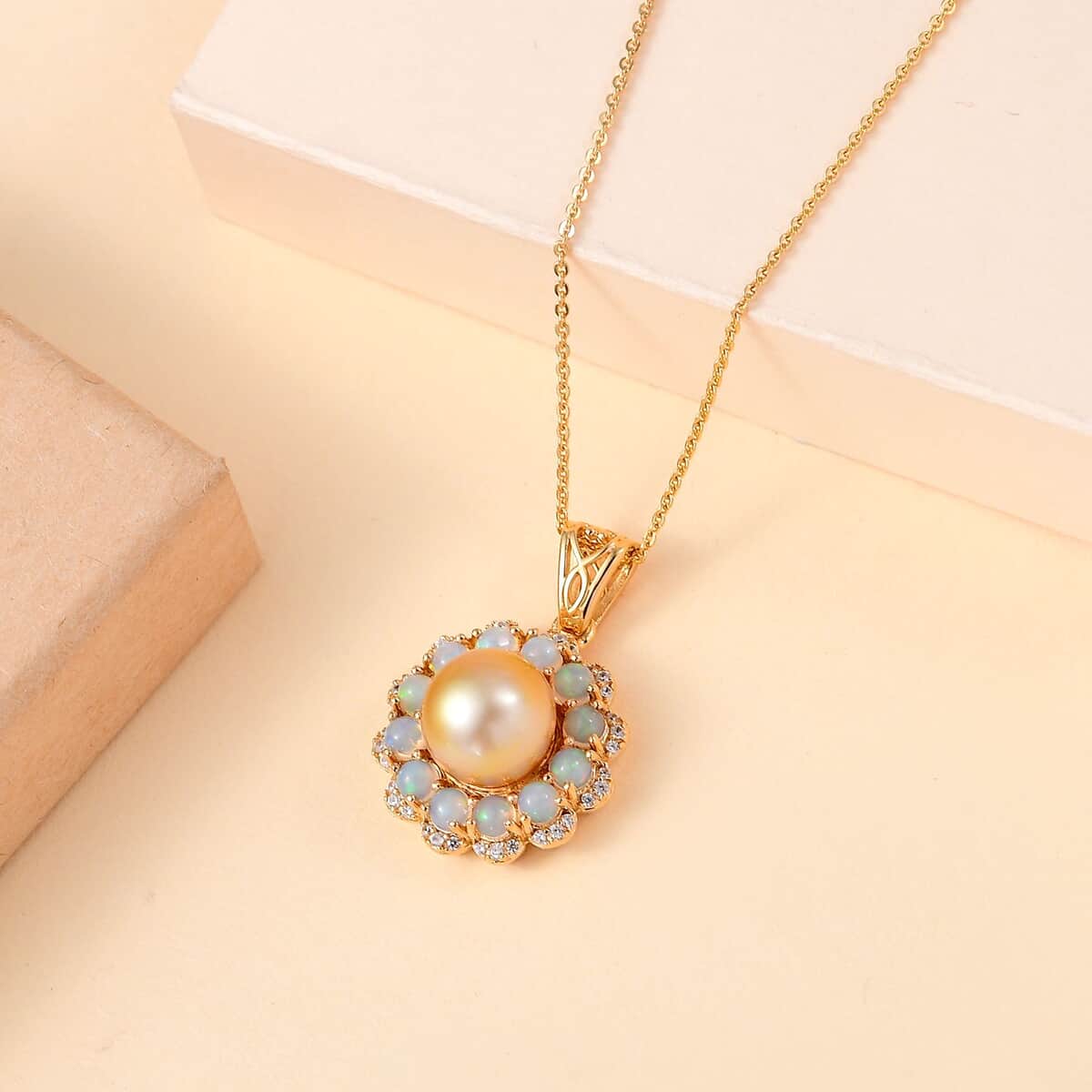 South Sea Golden Cultured Pearl and Multi Gemstone 1.35 ctw Helenium Flower Pendant Necklace in 18K Vermeil Yellow Gold Over Sterling Silver 20 Inches image number 1