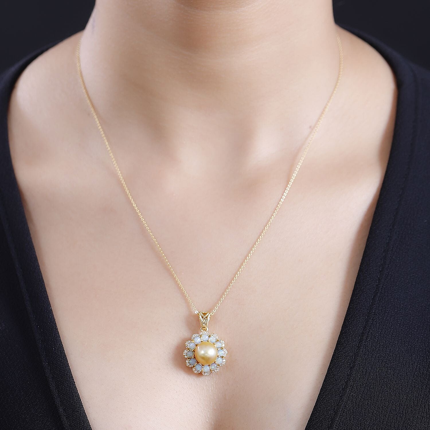 South Sea Golden Cultured Pearl and Multi Gemstone 1.35 ctw Helenium Flower Pendant Necklace in 18K Vermeil Yellow Gold Over Sterling Silver 20 Inches