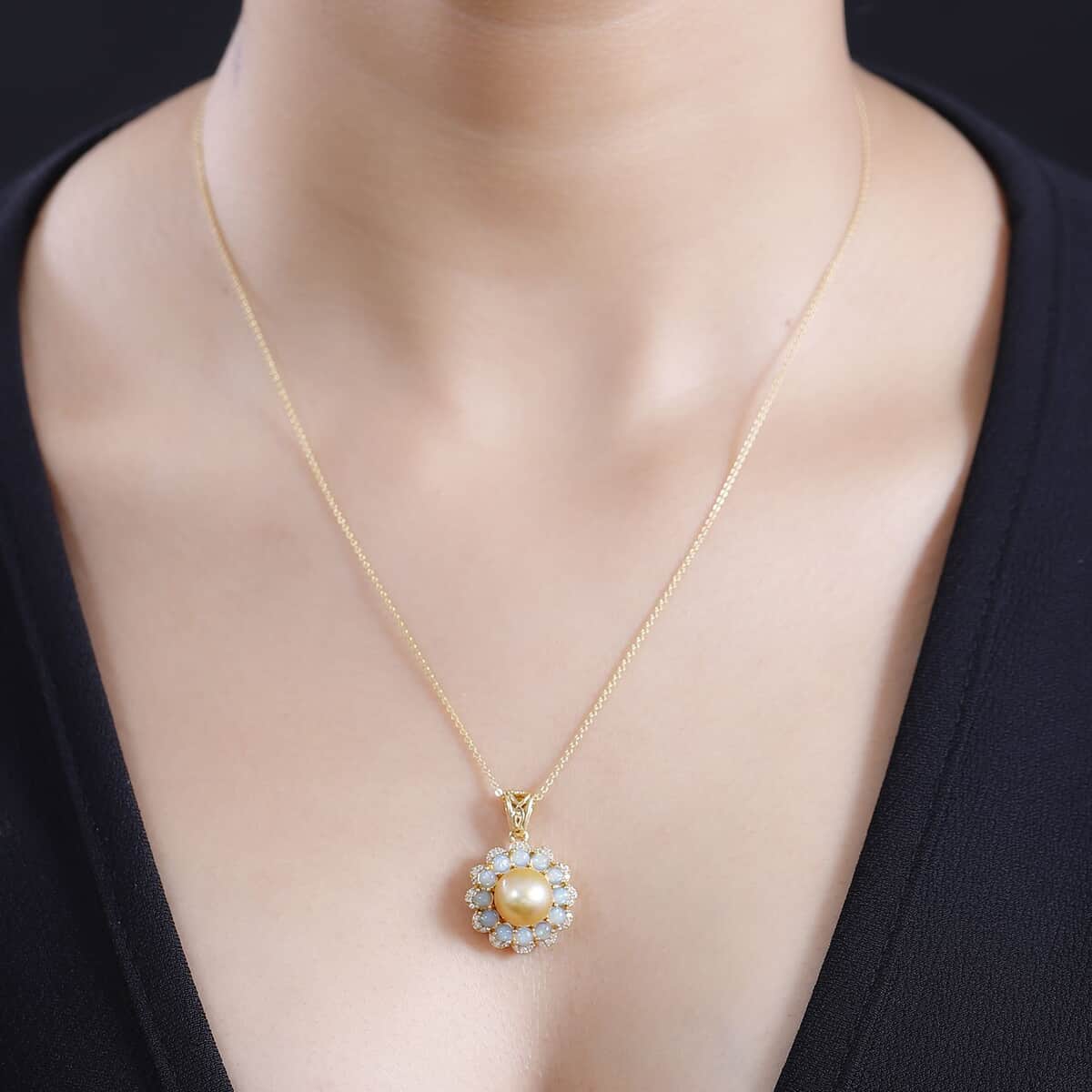 South Sea Golden Cultured Pearl and Multi Gemstone 1.35 ctw Helenium Flower Pendant Necklace in 18K Vermeil Yellow Gold Over Sterling Silver 20 Inches image number 2