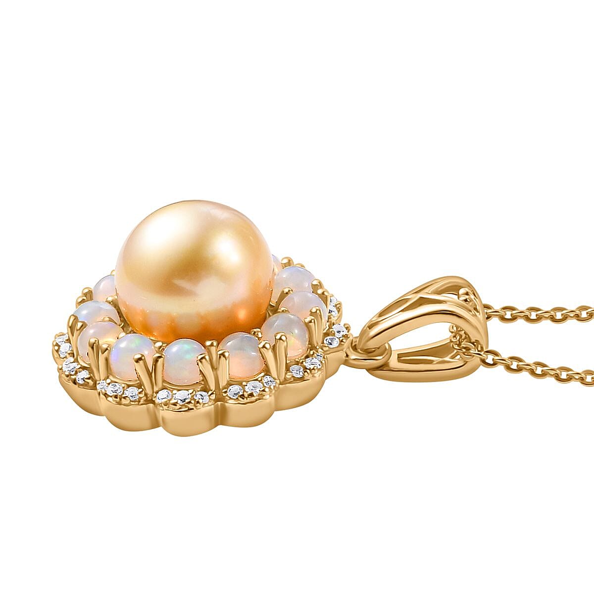 South Sea Golden Cultured Pearl and Multi Gemstone 1.35 ctw Helenium Flower Pendant Necklace in 18K Vermeil Yellow Gold Over Sterling Silver 20 Inches