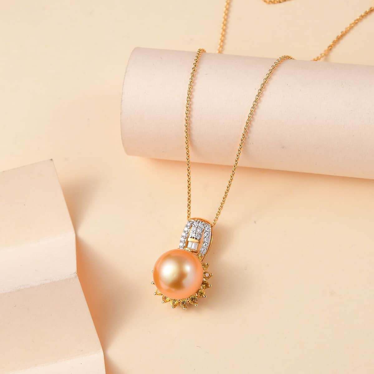 South Sea Golden Cultured Pearl and Multi Gemstone 1.15 ctw Sunrise Pendant Necklace in 18K Vermeil Yellow Gold Over Sterling Silver 20 Inches image number 1