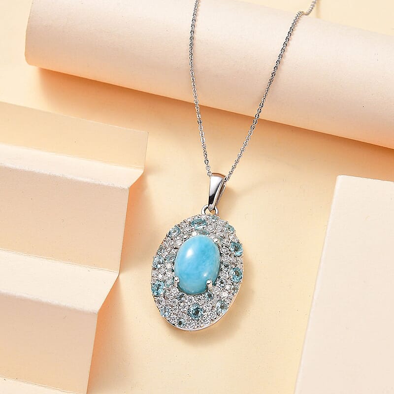 Larimar and Multi Gemstone 9.80 ctw Ocean Bubbles Pendant Necklace in Rhodium Over Sterling Silver 20 Inches