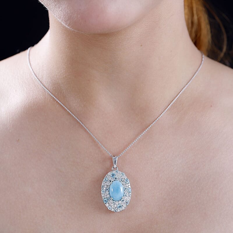 Larimar and Multi Gemstone 9.80 ctw Ocean Bubbles Pendant Necklace in Rhodium Over Sterling Silver 20 Inches