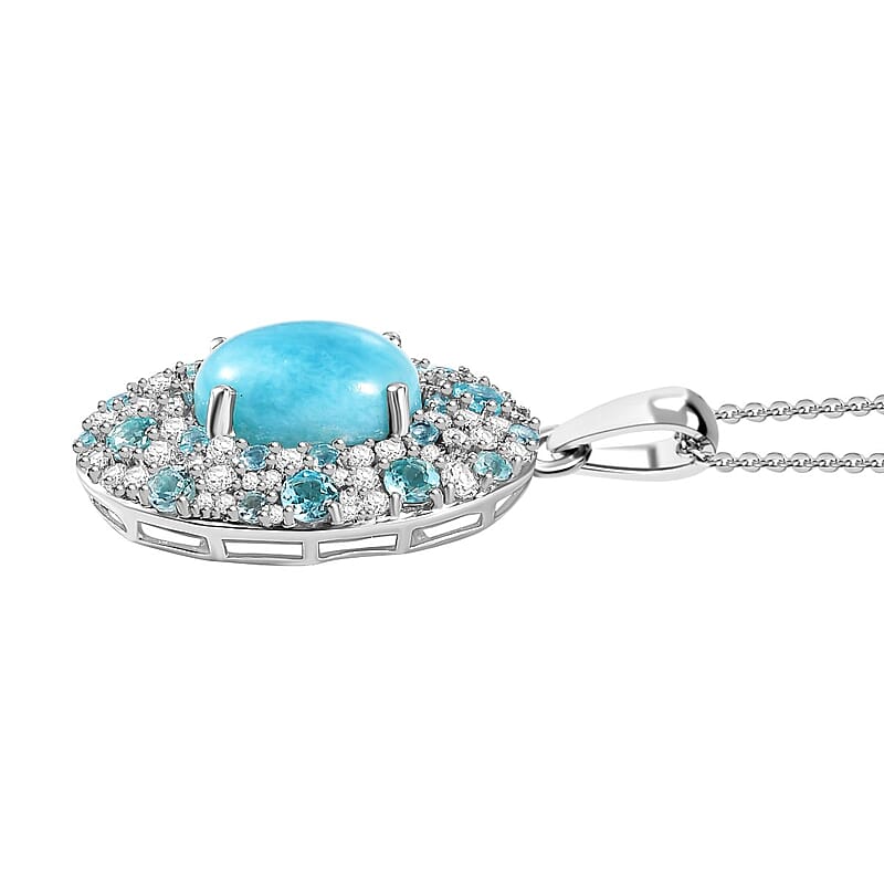 Larimar and Multi Gemstone 9.80 ctw Ocean Bubbles Pendant Necklace in Rhodium Over Sterling Silver 20 Inches