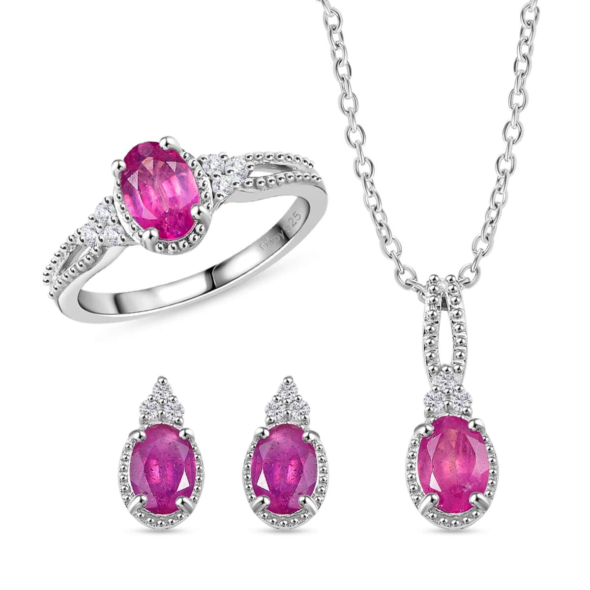 Premium Niassa Ruby (FF), White Zircon Earrings, Ring (Size 5.0) and Pendant Necklace (20 Inches) in Rhodium Over Sterling Silver 3.60 ctw image number 0