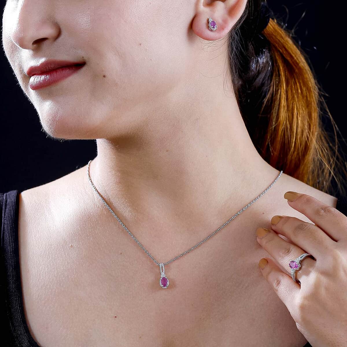 Premium Niassa Ruby (FF), White Zircon Earrings, Ring (Size 5.0) and Pendant Necklace (20 Inches) in Rhodium Over Sterling Silver 3.60 ctw image number 2