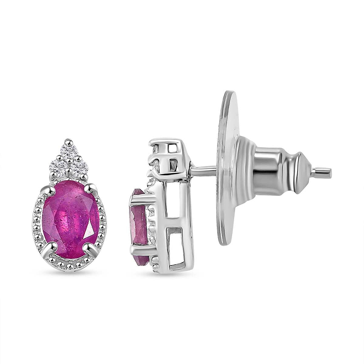 Premium Niassa Ruby (FF) and White Zircon 4.00 ctw Earrings, Ring (Size 5.0) and Pendant Necklace 20 Inches in Rhodium Over Sterling Silver