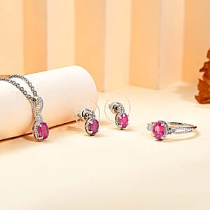 Premium Niassa Ruby (FF) and White Zircon 4.00 ctw Earrings, Ring (Size 9.0) and Pendant Necklace 20 Inches in Rhodium Over Sterling Silver