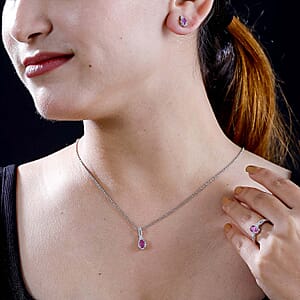 Premium Niassa Ruby (FF) and White Zircon 4.00 ctw Earrings, Ring (Size 9.0) and Pendant Necklace 20 Inches in Rhodium Over Sterling Silver