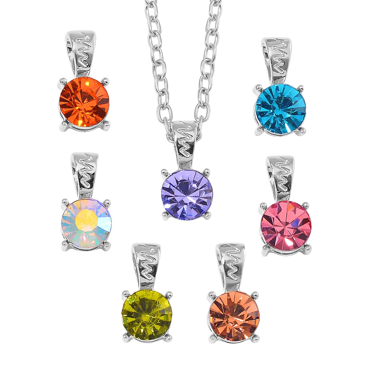 Set of 7 Multi Color Austrian Crystal Pendant in Silvertone with Stainless Steel Necklace (20 Inches) image number 0