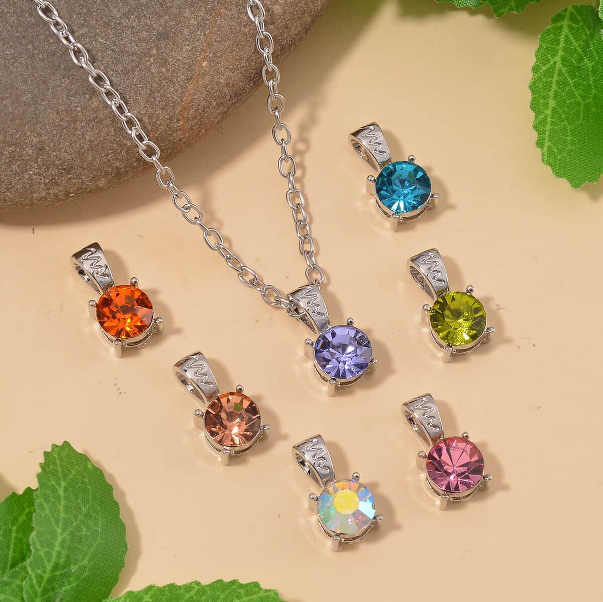 Set of 7 Multi Color Austrian Crystal Pendant in Silvertone with Stainless Steel Necklace (20 Inches) image number 1