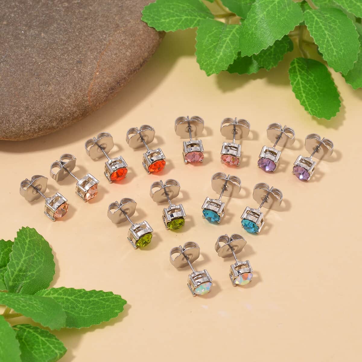 Set of 7 Multi Color Austrian Crystal Earrings in Silvertone & Stainless Steel image number 1