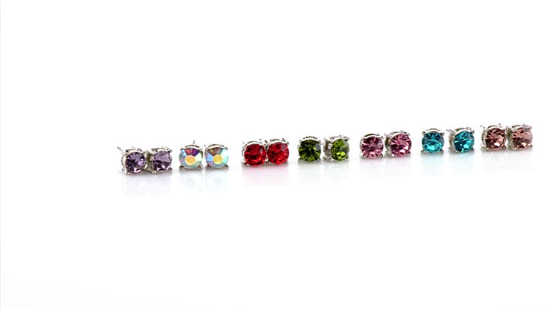 TLV Set of 7 Multi Color Austrian Crystal Solitaire Stud Earrings in Silvertone