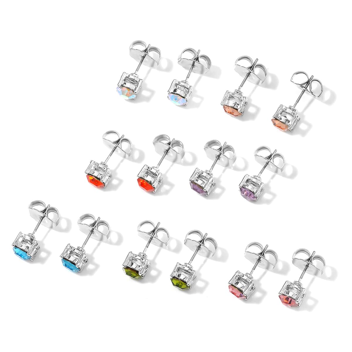 Set of 7 Multi Color Austrian Crystal Earrings in Silvertone & Stainless Steel image number 3