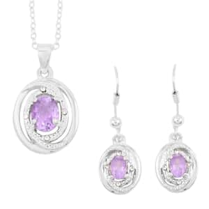 Simulated Amethyst and Simulated Diamond 2.30 ctw Earrings, Pendant Necklace in Silvertone 18 Inches