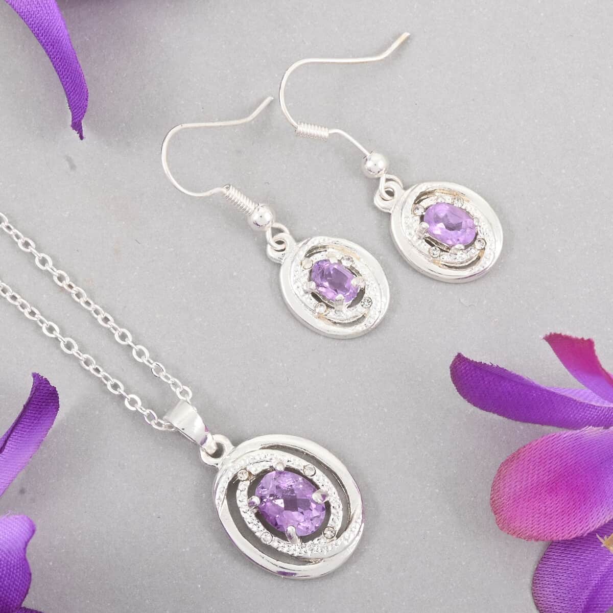 Amethyst and Simulated Diamond 2.30 ctw Earrings, Pendant Necklace in Silvertone 18 Inches image number 1