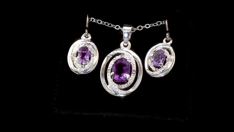 Simulated Amethyst and Simulated Diamond 2.30 ctw Earrings, Pendant Necklace in Silvertone 18 Inches