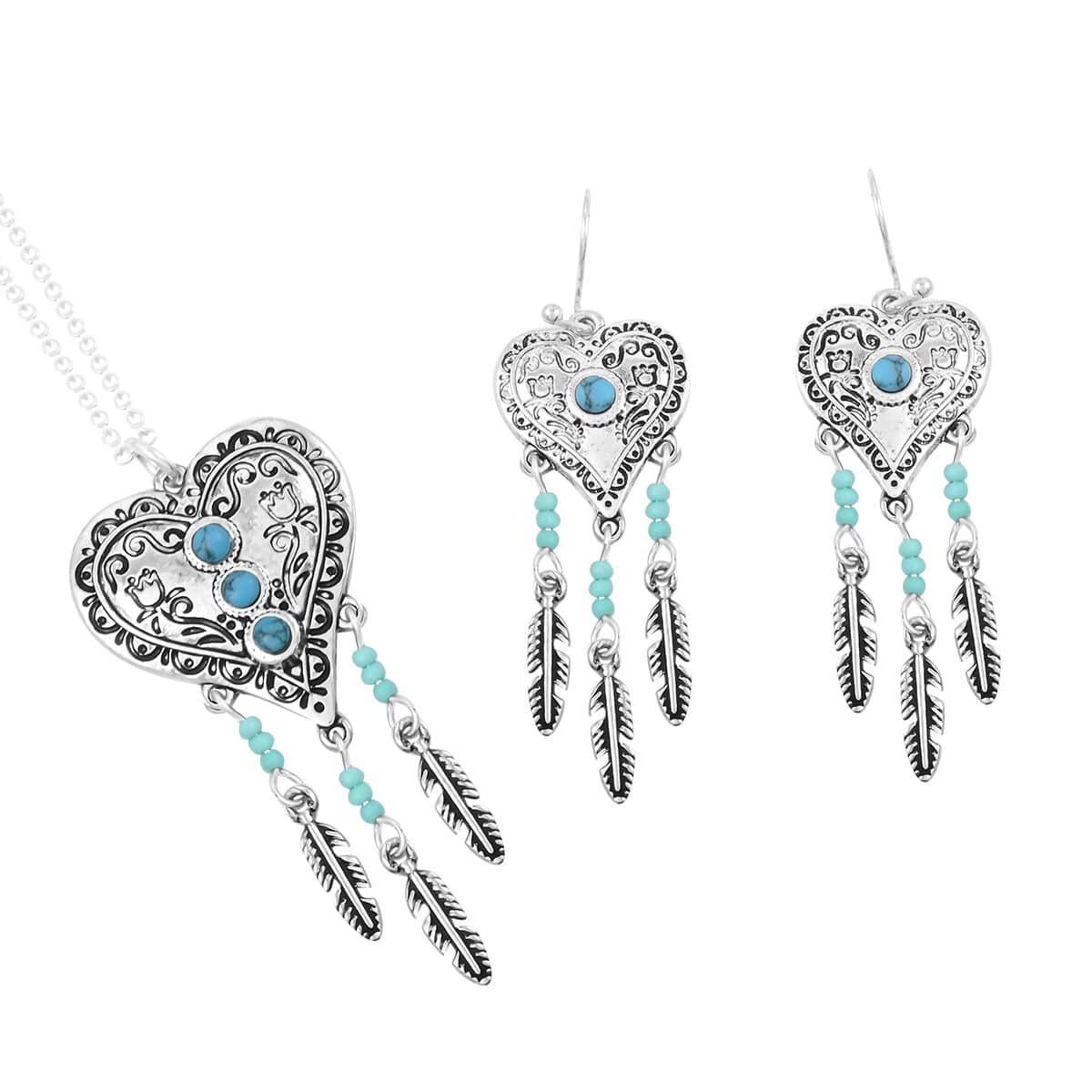 Turquoise 0.25 ctw Heart Necklace and Earrings in Silvertone 18 Inches image number 0