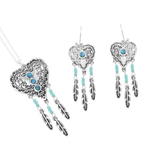 Turquoise 0.25 ctw Heart Necklace and Earrings in Silvertone 18 Inches