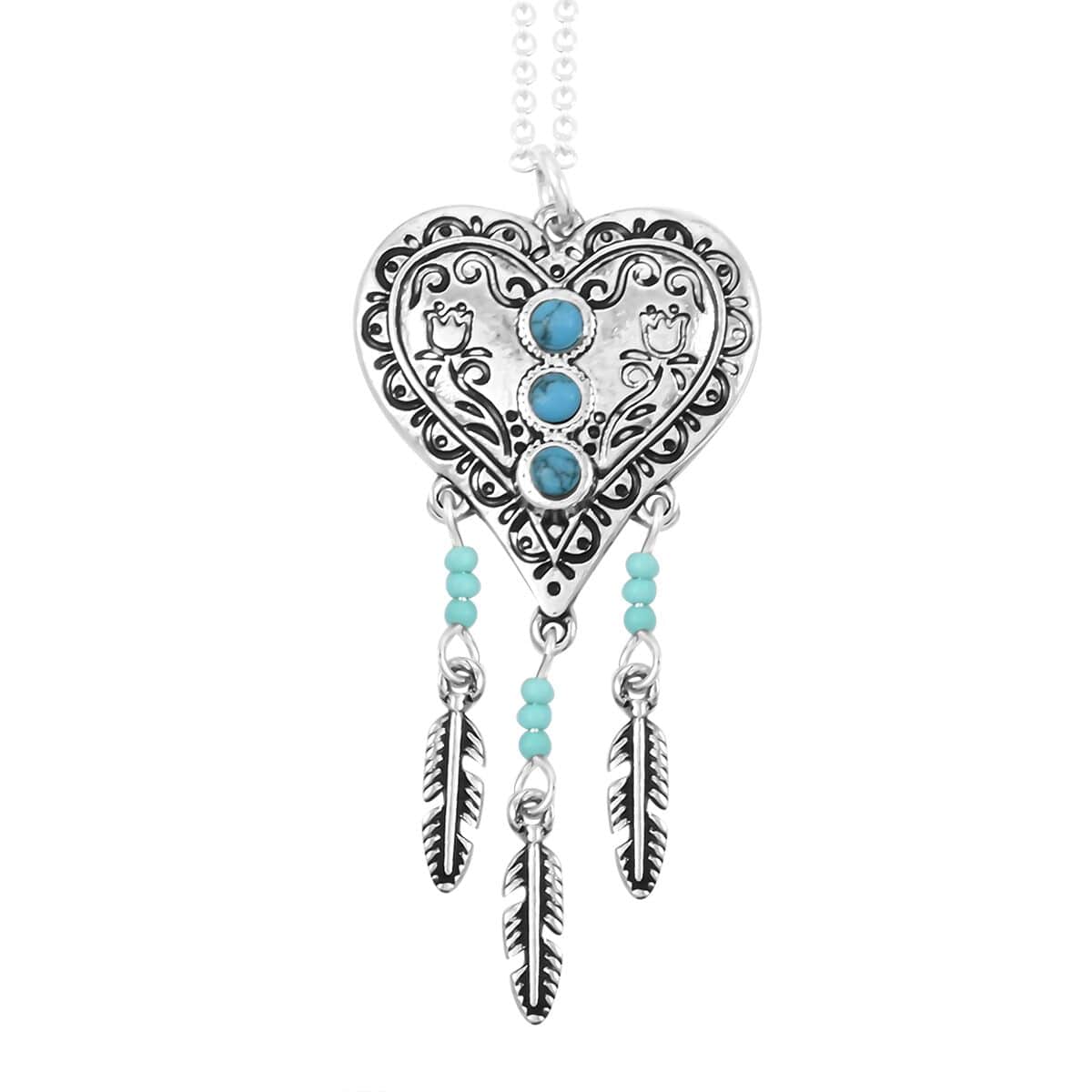 Turquoise 0.25 ctw Heart Necklace and Earrings in Silvertone 18 Inches image number 2