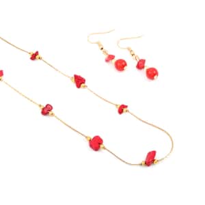 Red Howlite 16.80 ctw Necklace and Earrings in Goldtone 18 Inches