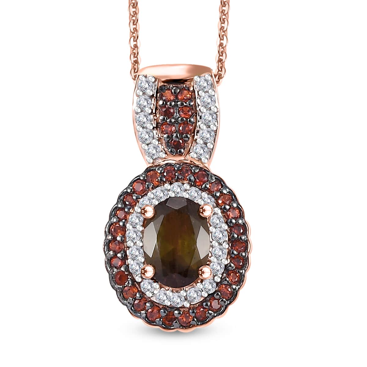 Premium Jenipapo Andalusite, Brown and White Zircon 1.35 ctw Double Halo Pendant Necklace in 18K Vermeil Rose Gold Over Sterling Silver 20 Inches image number 0