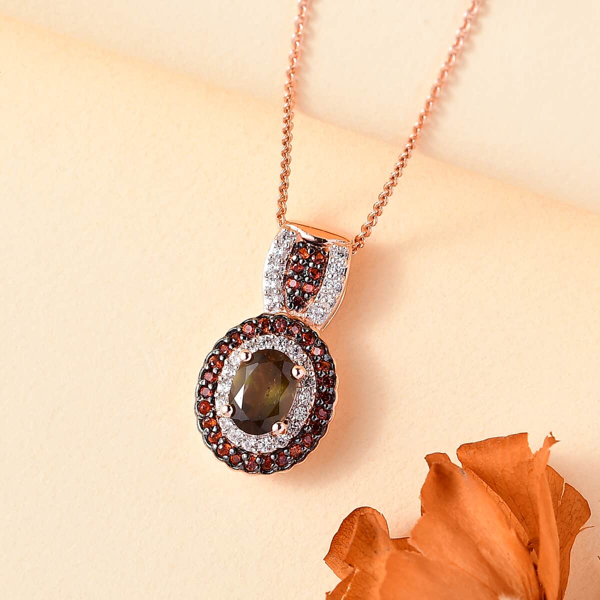 Premium Jenipapo Andalusite, Brown and White Zircon 1.35 ctw Double Halo Pendant Necklace in 18K Vermeil Rose Gold Over Sterling Silver 20 Inches image number 1