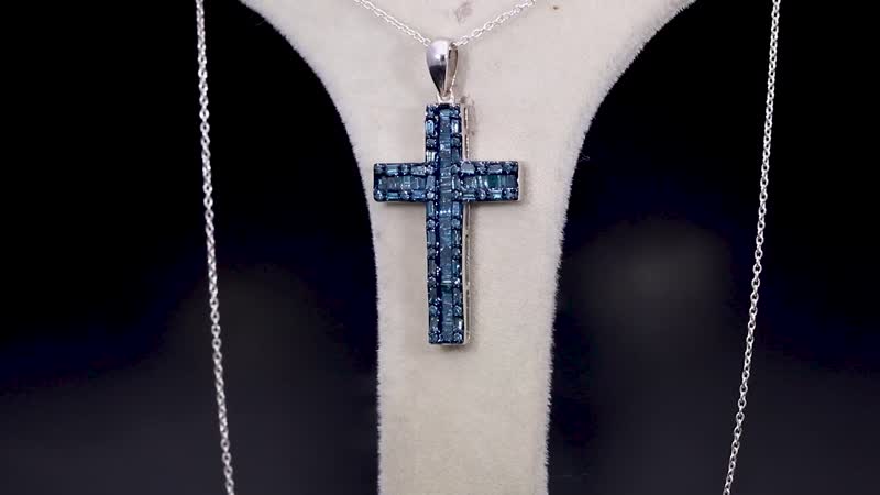 Doorbuster Blue Diamond (IR) Cross Pendant Necklace (20 Inches) in Platinum Over Sterling Silver 1.00 ctw