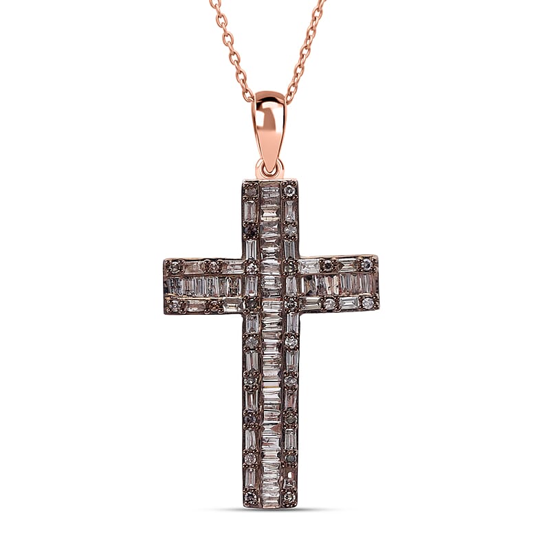 D'Joy Natural Champagne Diamond Cross Pen.dant Necklace in Vermeil RG Over Sterling Silver 1.00 ctw  (20 Inches)