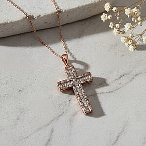 D'Joy Natural Champagne Diamond Cross Pen.dant Necklace in Vermeil RG Over Sterling Silver 1.00 ctw  (20 Inches)