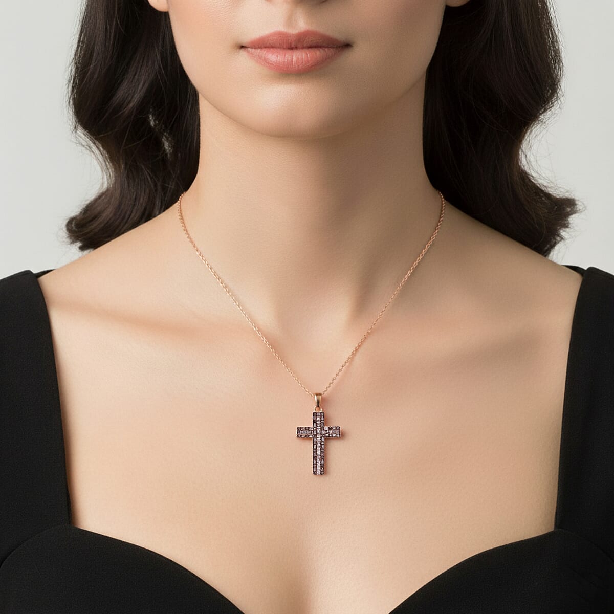 Doorbuster D'Joy Natural Champagne Diamond 1.00 ctw Cross Pendant Necklace in Vermeil Rose Gold Over Sterling Silver 20 Inches (Del. in 10-12 Days) image number 2