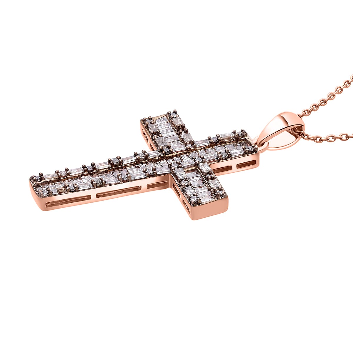 Doorbuster D'Joy Natural Champagne Diamond 1.00 ctw Cross Pendant Necklace in Vermeil Rose Gold Over Sterling Silver 20 Inches (Del. in 10-12 Days) image number 3