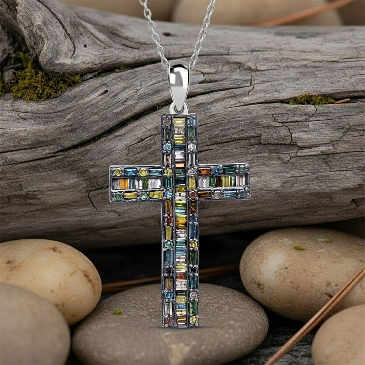 Doorbuster D'Joy Multi Diamond 1.00 ctw Cross Pendant Necklace in Platinum Over Sterling Silver 20 Inches (Del. in 10-12 Days) image number 1