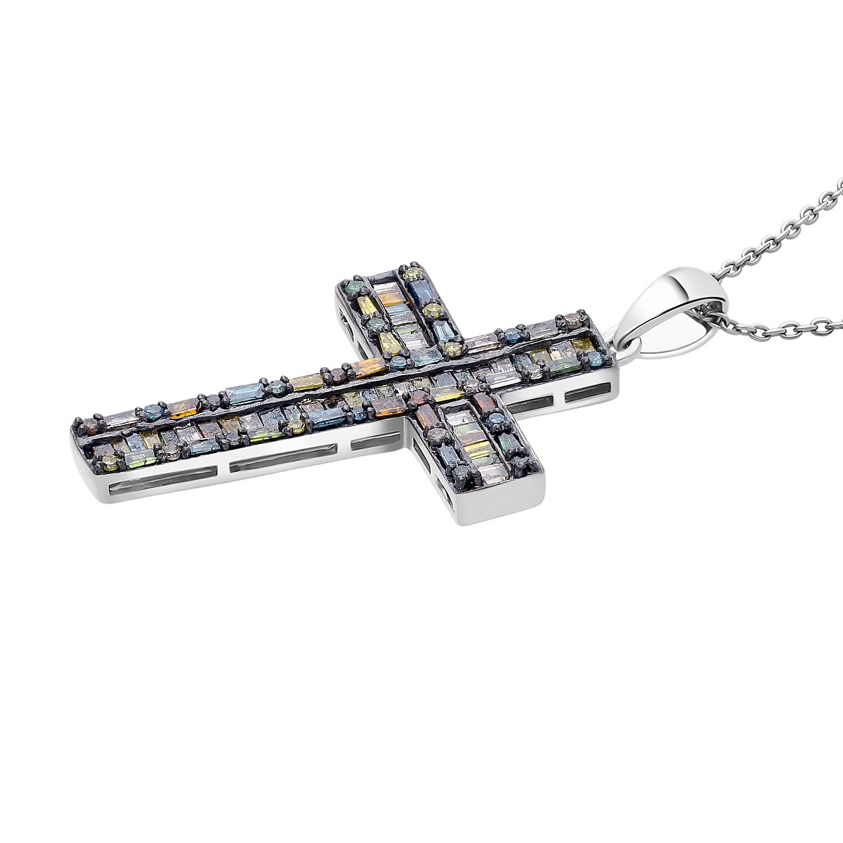 Doorbuster D'Joy Multi Diamond 1.00 ctw Cross Pendant Necklace in Platinum Over Sterling Silver 20 Inches (Del. in 10-12 Days) image number 3