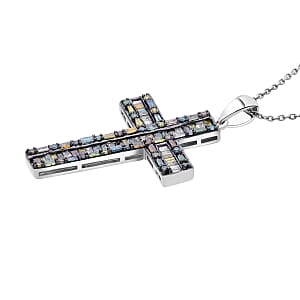 D'Joy Multi Diamond Cross Pendant Necklace in Platinum Over Sterling Silver 1.00 ctw (20 Inches)